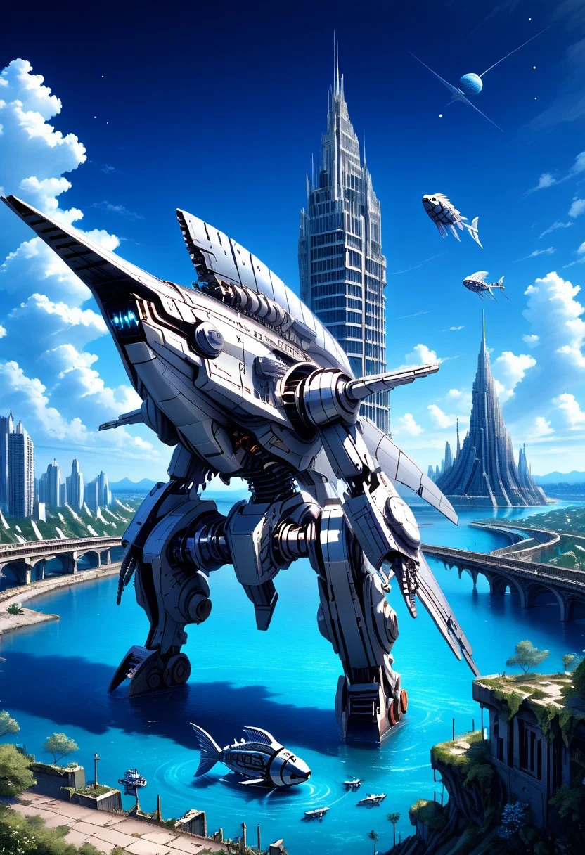 fastenerswm, scenery,building,city,water,cityscape,sky,outdoors,cloud,cloudy sky,bridge,day,ruins,skyscraper,blue sky,ocean,tower,tree,fish, mecha,science fiction,no humans,glowing,retro artstyle,space,star \(sky\),planet,earth \(planet\),space craft,starry sky,weapon,milky way, by advntr,
