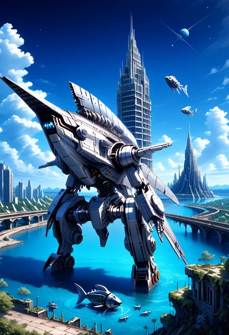 fastenerswm, scenery,building,city,water,cityscape,sky,outdoors,cloud,cloudy sky,bridge,day,ruins,skyscraper,blue sky,ocean,tower,tree,fish, mecha,science fiction,no humans,glowing,retro artstyle,space,star \(sky\),planet,earth \(planet\),space craft,starry sky,weapon,milky way, by advntr,