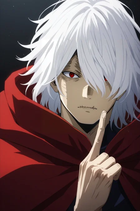 score_9, score_8_up, score_7_up, source_anime, rating_safe, , (realistic:0.6), , , 1boy, solo, male focus, <lora:tomura_shigaraki_pony:0.92>, tomura_shigaraki, white hair, red eyes, bangs, hair between eyes, scar, scar on face, hair over one eye, red cape, , , symmetry, bedroom, dark, index finger raised, expressionless, , <lora:sdxl_lightning_8step_lora:1>