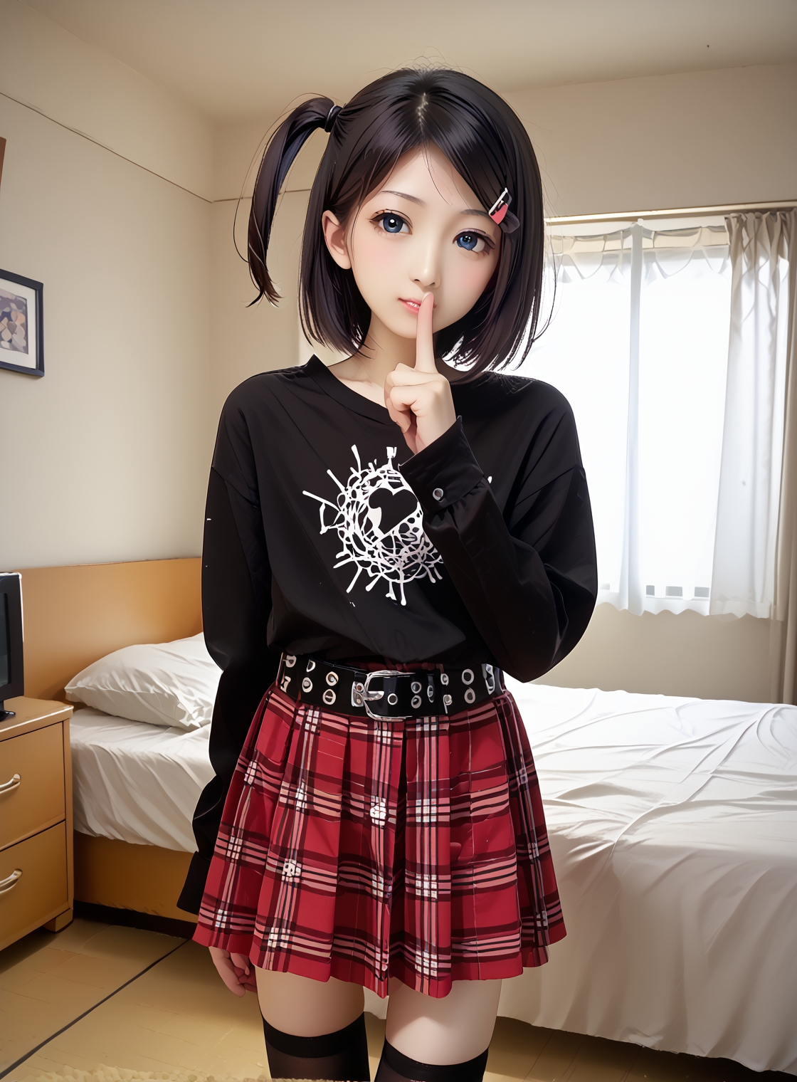 score_9, score_8_up, score_7_up,
beautiful women, Tsukiko Tsutsukakushi <lora:xlponygirlTsukiko-Tsutsukakushi_變態王子與不笑貓 筒隱月子 自製:0.8> short hair black hair hairclip one side up blue eyes blush, skinny, hairclip, shirt, solo, <lora:xlponylocaJapanese_Apartment_Pony:1> japane5eapartment1inter10r, indoors, bedroom,
<lora:xlponyfashionemo-fashion-ponyxl-lora-nochekaiser:1> emo fashion, skirt, shirt, long sleeves, belt, thighhighs,
<lora:xlponygestureshushing-ponyxl-lora-nochekaiser:1> shushing, finger to mouth, index finger raised,
25yo, <lora:xlponysliderStS_age_slider_v1_initial_release:2>
