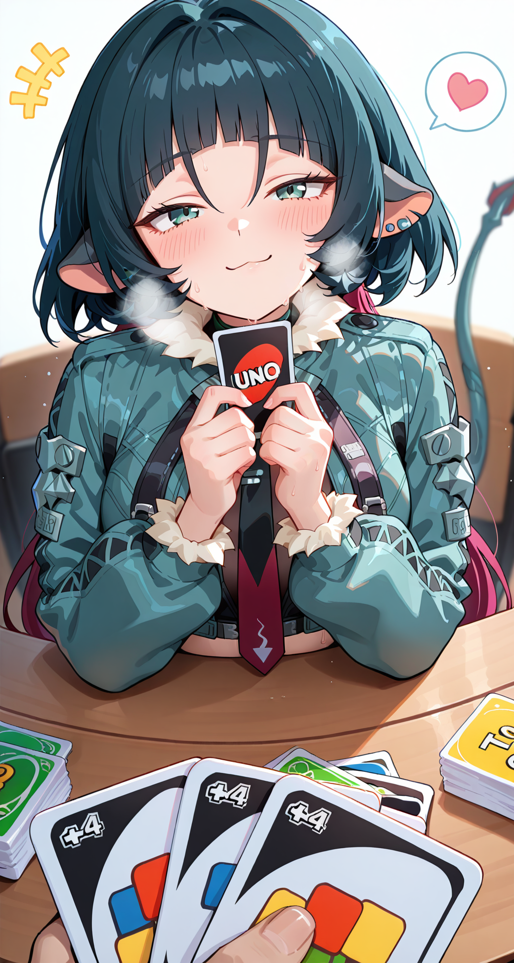 upscaled,4k,masterpiece,best quality, absurdres, amazing quality, Detailed face, Detailed skin, extremely detailed,8K,high resolution, anime screencap, official art, rating_explicit, uncensored,
BREAK,
<lora:jane doe (zenless zone zero)_nbe11_xl:1.0> jane doe \(zenless zone zero\),1girl,solo,black hair, green eyes, short hair, jacket, crop top, cropped jacket, animal ears, tail, earings, blush, looking up,
BREAK,
fisheye, from above, simple background, white background, rim light,
BREAK,
<lora:add-detail-xl:1>,<lora:cfg_scale_boost:0.7>, 
BREAK,
 <lora:unoloss_s21:1>  holding card, pov across table, uno \(game\), imminent uno loss \(meme\), deck of cards, pov hands, sparkle, +++, notice lines, musical note, spoken musical note, spoken heart, smug, happy, ((smug)), closed mouth, :3, half-closed eyes, blurry background, raised inner eyebrows
