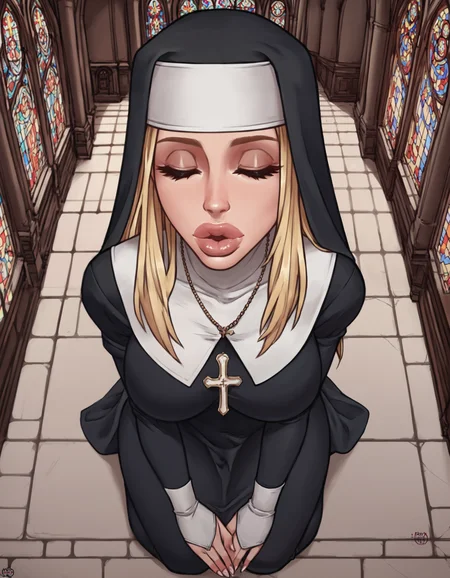 score_9, score_8_up, score_7_up, score_6_up, score_5_up, score_4_up, BREAK 1girl, church, nun, kneeling, from above, closed eyes, blonde hair, long hair, blue eyes, lips, bimbo <lora:RaiouPDXL:1>