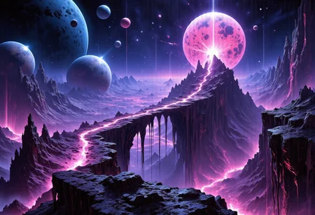 In the vast expanse of space, two massive planets are connected by a living, organic bridge, tendrils of glowing energy pulsating between them. The nebula swirls in the background, casting vibrant hues of violet, blue, and pink across the scene. Stars twinkle around this strange connection, illuminating the planets with a mystical glow. The planets themselves are covered in alien landscapes, their surfaces alive with movement, while the connection between them throbs with life. The epic scale of this cosmic union evokes a sense of wonder and power, blending sci-fi and fantasy. Inspired by John Harris, Chris Foss, and Wayne Barlowe,philippe druillet, William Ford Gibson,mystical touch,horror theme,best quality,masterpiece,epic scale,scenery,no humans,light particles,high resolution,acid colors,neon vibrant colors,professional,high budget