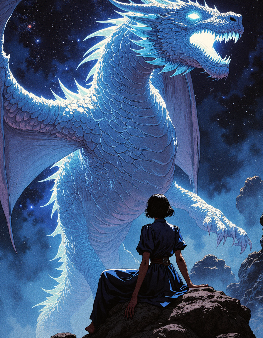 realistic photo, Frank Frazetta, ,perfect lighting,beautiful illustration,ultra-realistic, 

Eye-level angle view Extreme Close shot (focus on head) ,Expressiveh ,laundry, shiny skin ,sitting ,voluptuous body,detailed,1girl,woman warrior fighting colossal luminous dragon. Dominating the scene is a dragon adorned with luminescent scales, blending seamlessly with its surroundings. Its wings, composed of intricately woven energy threads, shimmer in a spectrum of colors.Epic fight. Starry sky. Amidst the night, its presence exudes a sense of mythical power. Behind it, the swirling hues of a distant galaxy provide a mesmerizing backdrop, celestial legends. Atmospheric haze, Film grain, cinematic film still, shallow depth of field, highly detailed, high budget, cinemascope, moody, epic, OverallDetail, RAW photo, photorealistic, candid camera, color graded cinematic, eye catchlights, atmospheric lighting, imperfections, natural,, rain, night,,
(Depth of field),, .

.  
masterpiece, best quality,  ,  medium-format camera,  high-contrast, dramatic lighting, striking composition, 

 The background is minimalist, a gradient of shadowy blue tones, amplifying the ethereal and futuristic ambiance of the scene. The overall composition feels cinematic, blending high fashion with a science fiction aesthetic. . Exquisite cyberpunk. retroFuturism. l0r3n4g. 
 (Depth of field), low saturation,detail. mythp0rt, Stylish, charismatic.
.
