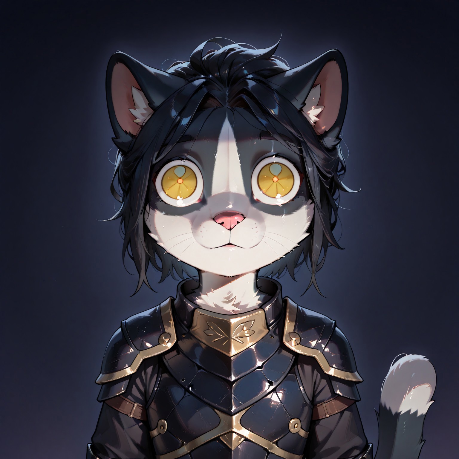 masterpiece, best quality, anthro, solo, slim body, BREAK
Ember (ESO), furry female, Feline, black and white fur, yellow eyes, cat tail, black armor, black hair, mikus-concept, close-up, round eyes, big eyes, dark background,  wide eyes, terrified expression, looking at viewer, upper body