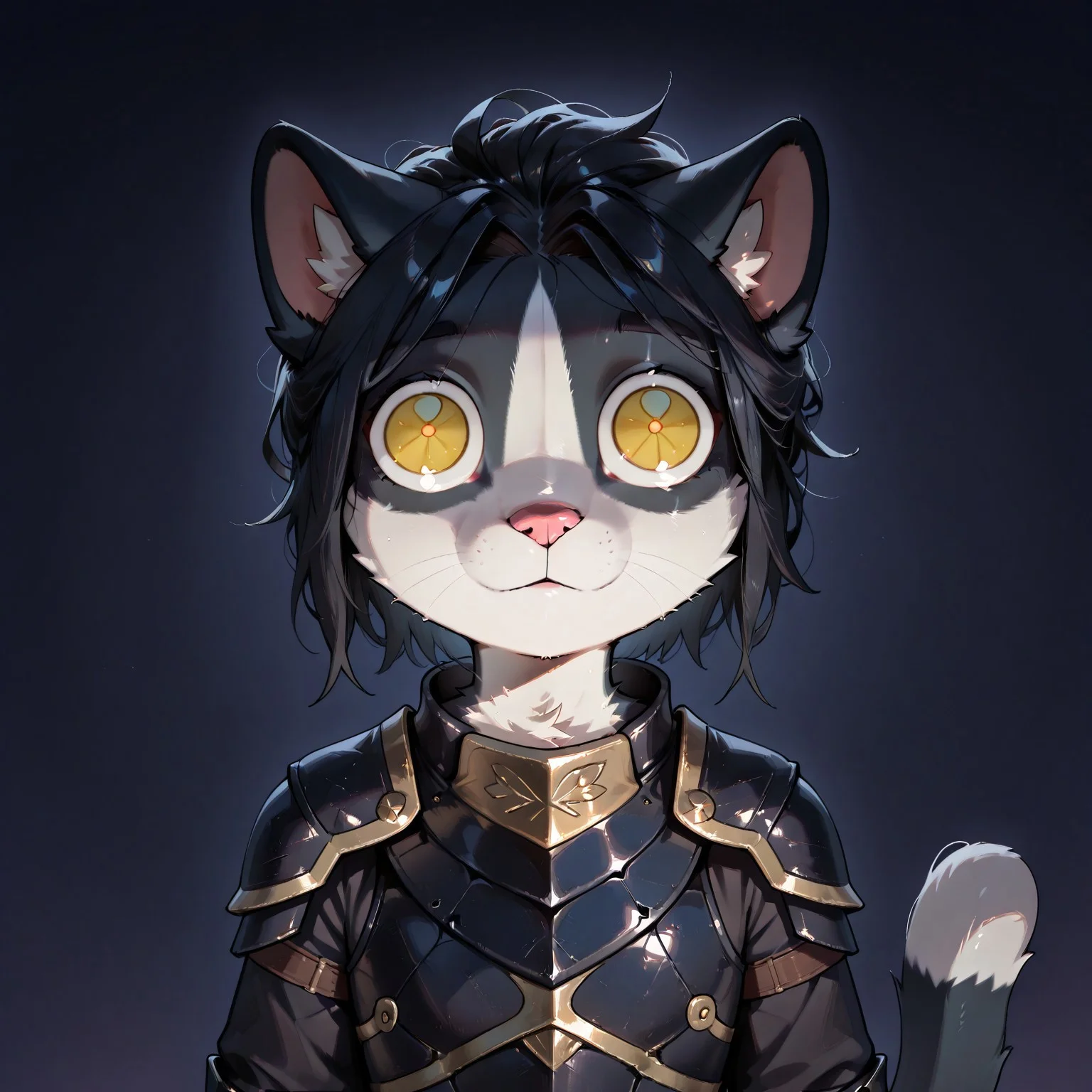 masterpiece, best quality, anthro, solo, slim body, BREAK
Ember (ESO), furry female, Feline, black and white fur, yellow eyes, cat tail, black armor, black hair, mikus-concept, close-up, round eyes, big eyes, dark background,  wide eyes, terrified expression, looking at viewer, upper body