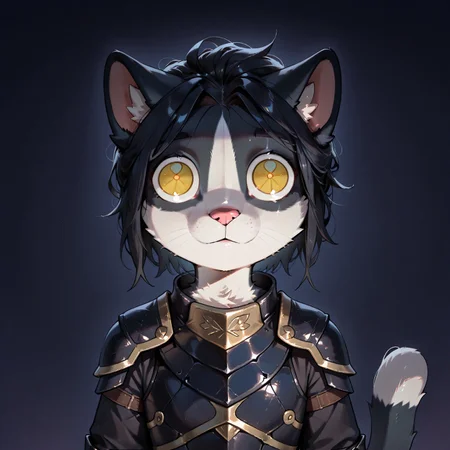 masterpiece, best quality, anthro, solo, slim body, BREAK
Ember (ESO), furry female, Feline, black and white fur, yellow eyes, cat tail, black armor, black hair, mikus-concept, close-up, round eyes, big eyes, dark background,  wide eyes, terrified expression, looking at viewer, upper body
