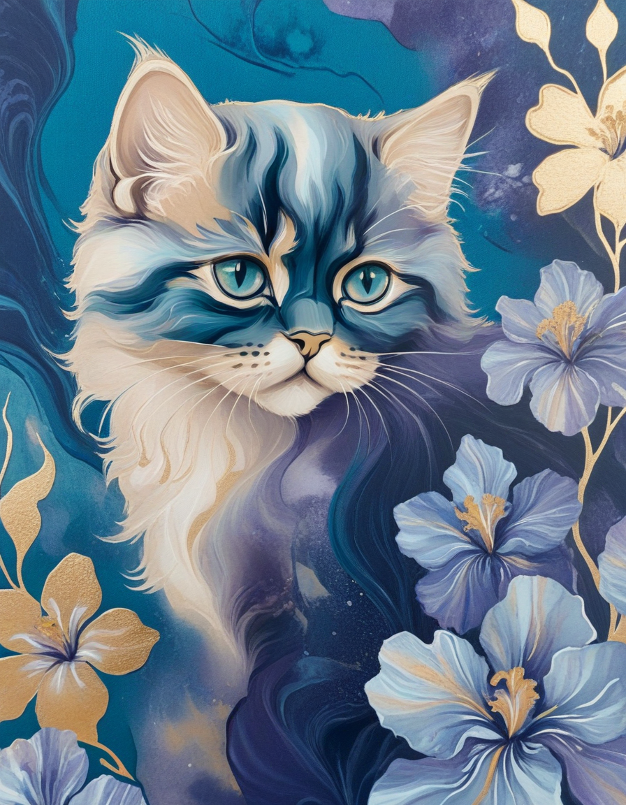novuschroma86 style persian kitten with irises flowers  in gold, dark midnight blue, dark purple, dark teal, marbled paint <lora:novuschroma86 style_blue:1>