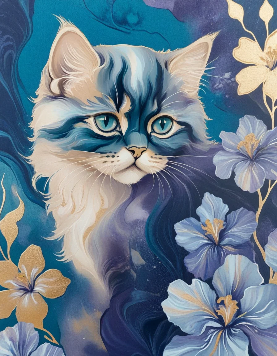 novuschroma86 style persian kitten with irises flowers in gold, dark midnight blue, dark purple, dark teal, marbled paint <lora:novuschroma86 style_blue:1>