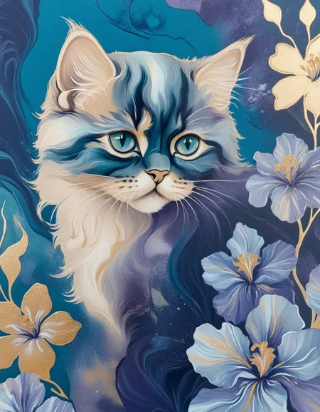 novuschroma86 style persian kitten with irises flowers in gold, dark midnight blue, dark purple, dark teal, marbled paint <lora:novuschroma86 style_blue:1>
