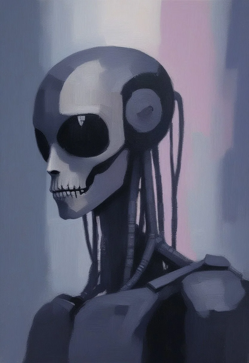 novuschroma style portrait of endoskeleton of terminator cybernetic machine soldier