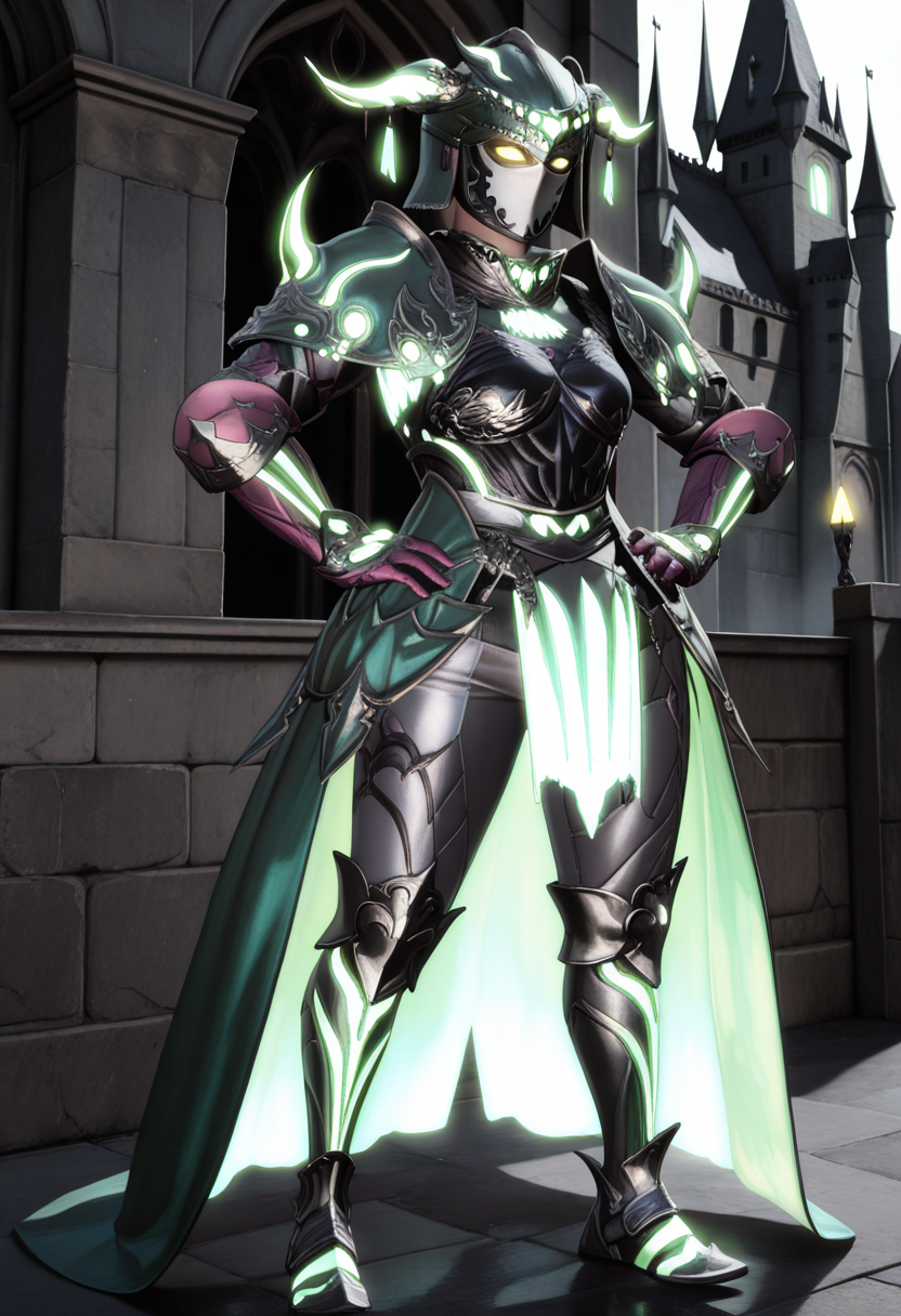 masterpiece, best quality, absurdres, highres, newest, <lora:cfg_scale_boost:.7>, full body, hands on own hips, 
 <lora:ElementalArmor_IL:1>
elearmor, 
yellow trim,glowing armor, glowing eyes, yellow eyes,
green horned helmet, 
white mask,
black breastplate, white pauldrons, 
pink gauntlets,
grey pants, teal waist cape,
 armored boots,  
looking at viewer, 
castle, fantasy, medieval, 
complex composition, detailed eyes, detailed body, ultra detailed, masterpiece, best quality, amazing quality, very aesthetic, realistic, photorealistic,