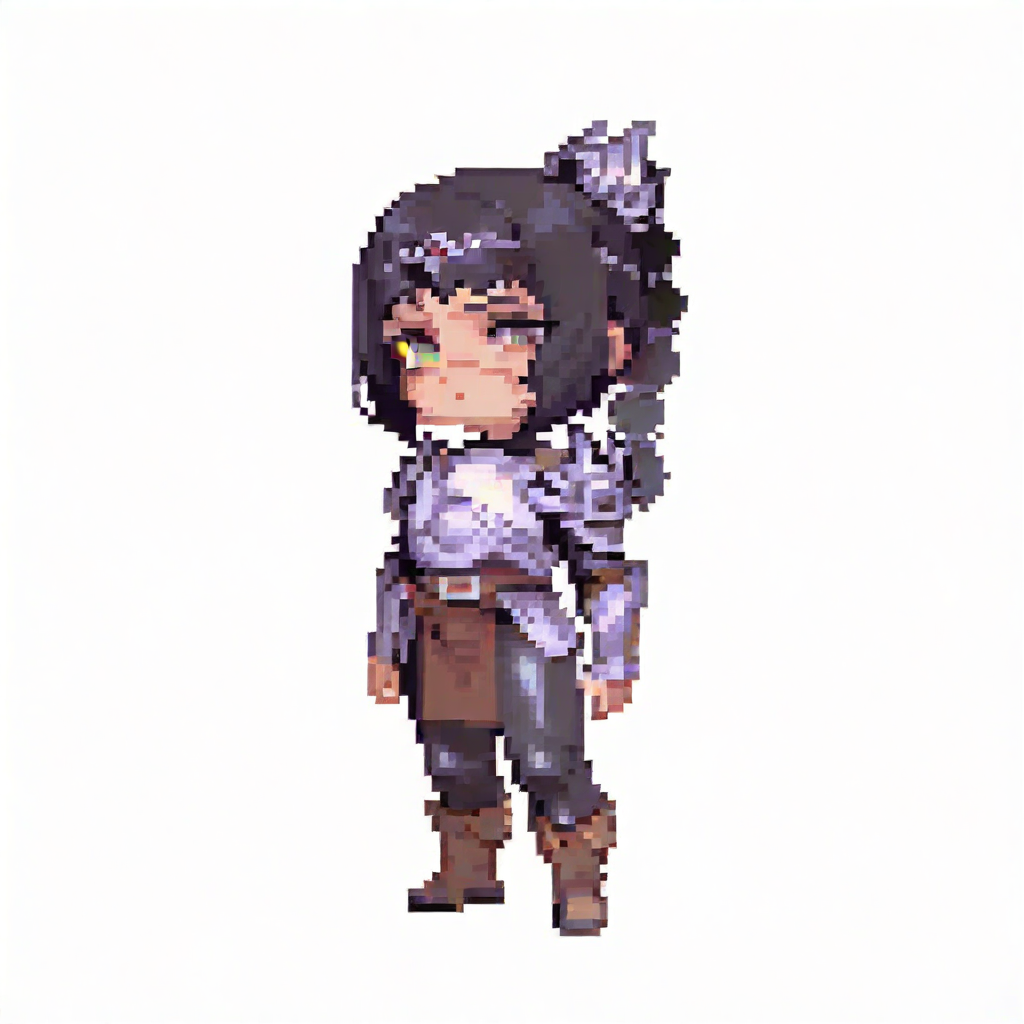 pixel art, chibi,
1girl, solo, shadowheart, black hair, braided ponytail, green eyes, scar on face, circlet, armor, boots, leather pants, pelvic curtain,
solo, standing, full body, looking at viewer,
(white background, simple background:1.3),  <lora:ElinSpriteNoobLocon_byKonan:1> <lora:ShadowHeartIllustrious_byKonan:1>