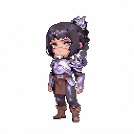 pixel art, chibi,
1girl, solo, shadowheart, black hair, braided ponytail, green eyes, scar on face, circlet, armor, boots, leather pants, pelvic curtain,
solo, standing, full body, looking at viewer,
(white background, simple background:1.3), <lora:ElinSpriteNoobLocon_byKonan:1> <lora:ShadowHeartIllustrious_byKonan:1>