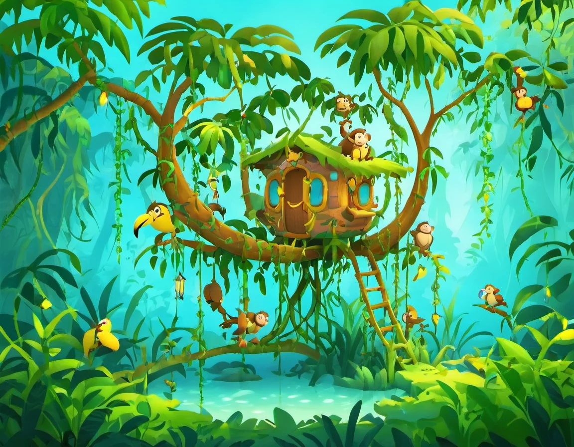 Jungle Treehouse: Elevated, wooden platforms, swinging vines, playful monkeys, exotic birds, hidden treasures., detailed, sub surface scattering, particles, dust, sharp focus, glow <lora:MODILL_XL_0.27_RC:0.9>