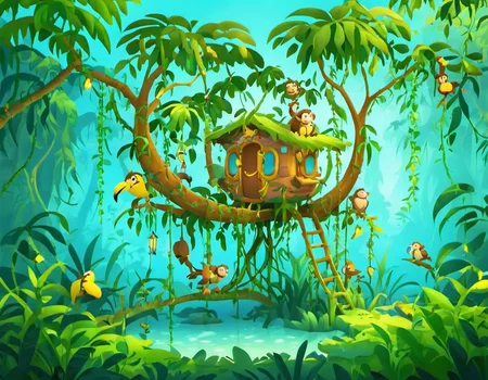Jungle Treehouse: Elevated, wooden platforms, swinging vines, playful monkeys, exotic birds, hidden treasures., detailed, sub surface scattering, particles, dust, sharp focus, glow <lora:MODILL_XL_0.27_RC:0.9>
