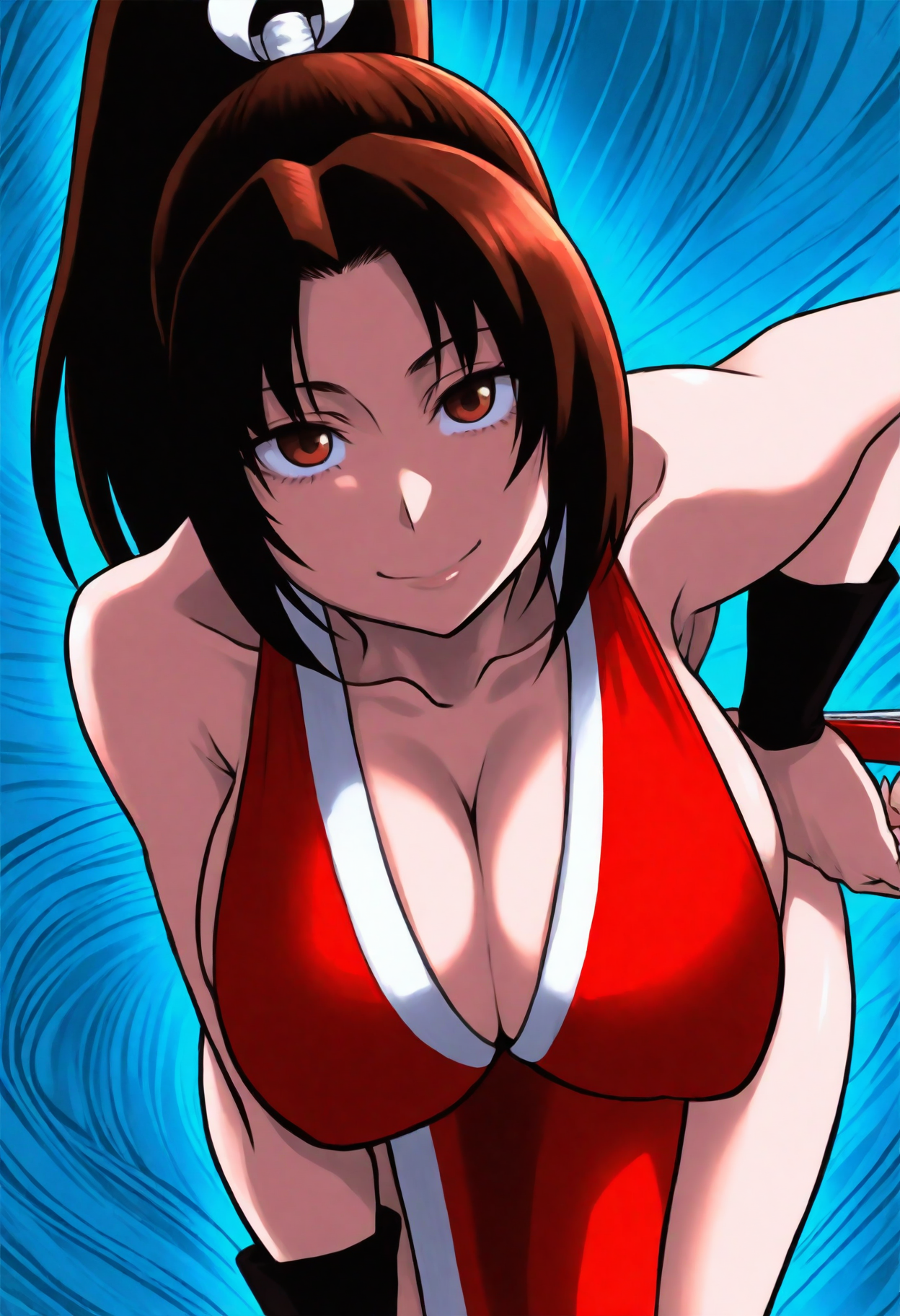 <lora:DittoHead7-8:1>
very aesthetic, cinematic-shot, atmospheric perspective, 
(perfect quality, best quality, masterpiece, absurdres, newest), cropped, close-up,
dutch angle, low light, dark, night, sidelighting, 
1girl, shiranui mai, breasts, solo, brown hair, brown eyes, cleavage, ponytail, long hair, ninja, looking at viewer, smile, revealing clothes, folded fan, high ponytail, folding fan, japanese clothes, bare shoulders, hand fan, pelvic curtain, collarbone, leaning forward, large breasts, hand on own hip, rope, closed mouth, huge breasts, hanging breasts, bent over, thighs,
spiral background, blue background