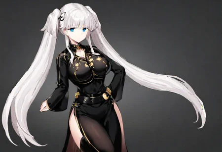 white hair, very long twintail, blunt bangs, long side bangs, blue eyes, empty eyes, gold torc, black hair strap, black nao costume with a white flower drawn on the chest, right side slit, black stockings, waist strap,
masterpiece, best quality, very aesthetic, absurdres, 1milf, 1adult, solo, full_body, tachi-e,