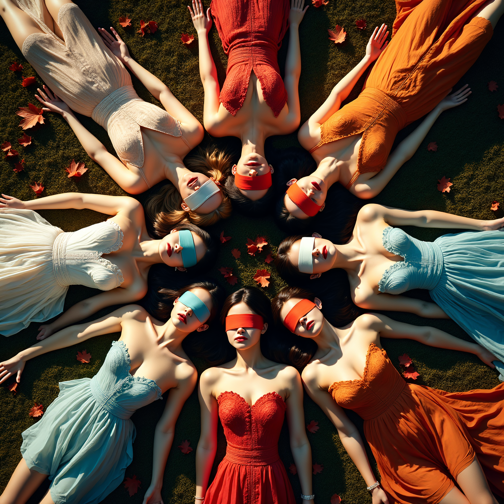 Ultra-realistic low-altitude aerial photography capturing a perfectly symmetrical composition: In the golden hour, a group of beautiful women (each with different characteristics, race, color, hair color, haircut, makeup, mood and features) blindfolded (the same color as her dress) lying in a field full of autumn leaves and many flowers, with their bodies radiating outward in a precise circular arrangement and their heads almost touching the center. Each woman wears different intricately designed clothing in a variety of contrasting colors, creating a striking visual harmony. The setting is minimalist, with soft natural lighting that casts delicate shadows, highlighting the elegance and geometry of the pose.
