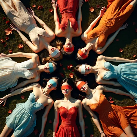 Ultra-realistic low-altitude aerial photography capturing a perfectly symmetrical composition: In the golden hour, a group of beautiful women (each with different characteristics, race, color, hair color, haircut, makeup, mood and features) blindfolded (the same color as her dress) lying in a field full of autumn leaves and many flowers, with their bodies radiating outward in a precise circular arrangement and their heads almost touching the center. Each woman wears different intricately designed clothing in a variety of contrasting colors, creating a striking visual harmony. The setting is minimalist, with soft natural lighting that casts delicate shadows, highlighting the elegance and geometry of the pose.