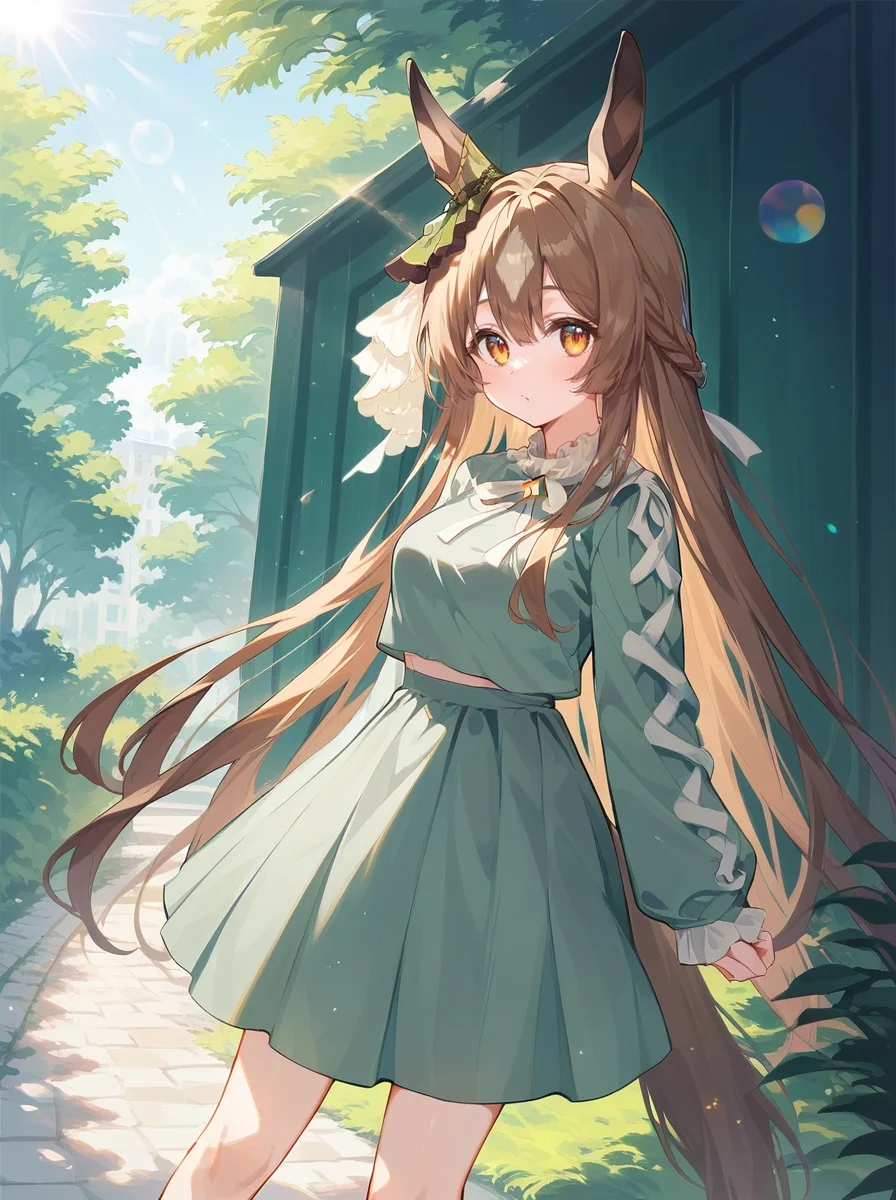 score_9, score_8_up, score_7_up, rating_safe, masterpiece, best quality, absurdres, unity 8k wallpaper, official art, official style, source_anime,
satono diamond \(umamusume\), 1girl, horse ears, horse tail, ear ornament, casual, white socks, long sleeves,dark greenish gray high heels, dark greenish gray skirt, dark greenish gray cropped shirt, half updo, white frilled inner shirt,white neck ribbon,bare knee
cowboy shot,
light rays,lens flare,light particles,beautiful detailed eyes,outdoor,
<lora:pony_satono_diamond_v1.02:1>