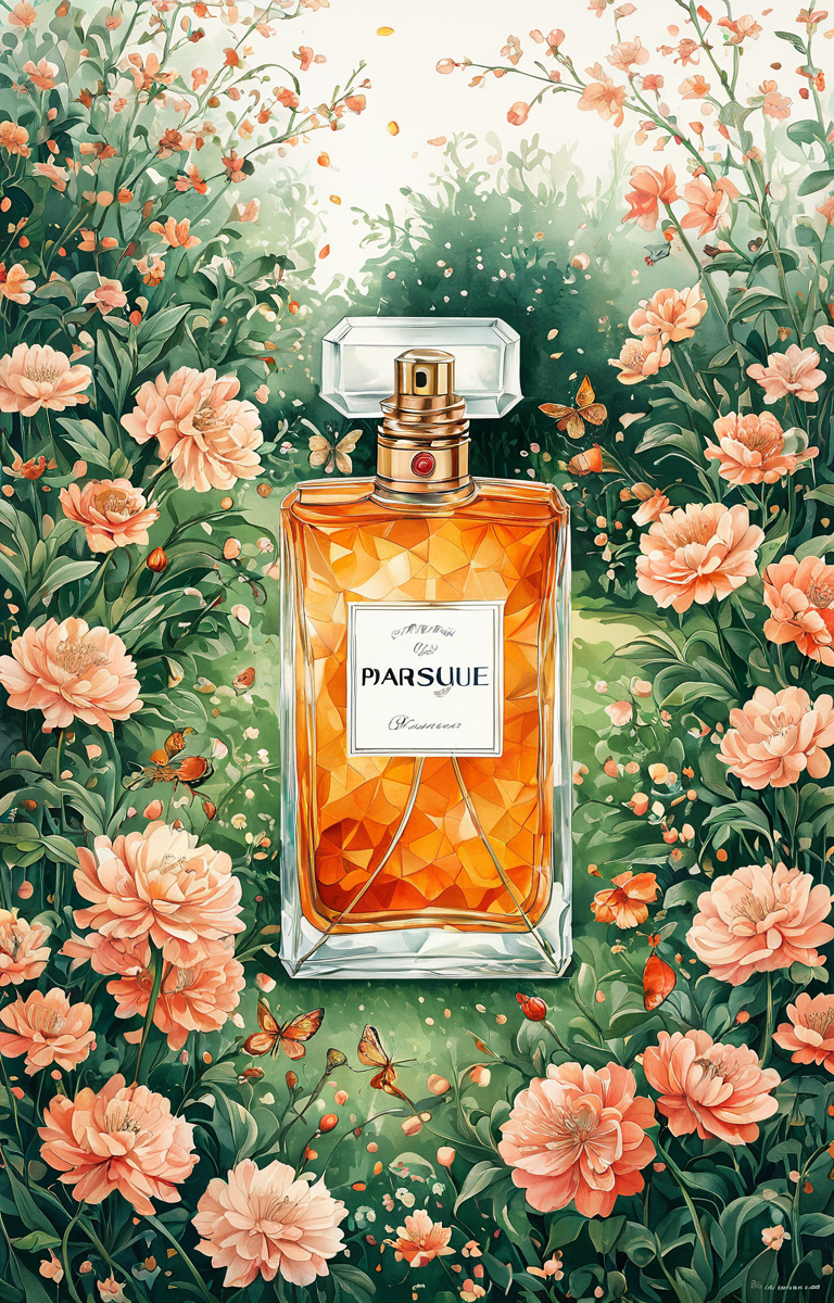 masterpiece,best quality,<lora:tbh50-sdxl:0.6>,illustration, A bottle of perfume in garden