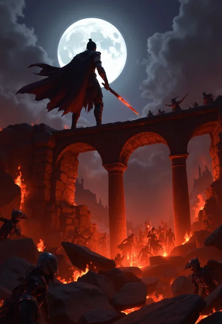 A lone warrior stands at the edge of a burning bridge, the wooden planks collapsing behind him as he braces for a final strike. The full moon casts his silhouette against the roaring flames, his greatsword glowing molten red from the heat. Below, a horde of shadowy creatures claws at the crumbling stone supports, their glowing eyes fixated on their prey as he prepares to leap into the chaos.
, aidmabaldursgate3, aidmafluxpro1.1