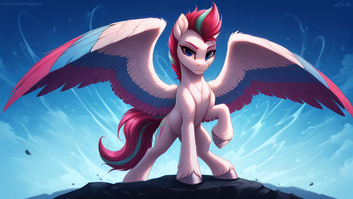 resolution, masterpiece, high resolution, (SOLO: 1.2), wild, detailed background,
<lora:Wholesome-MLP-v1.4b:0.7> <lora:Smooth Style 2 SDXL_LoRA_Pony Diffusion V6 XL:1>t,,solo plain background, , solo,, FIGHTING STANCE, , LOOK AT THE VIEWER, ABSTRACT BACKGROUND,  <lora:zipp_storm:1> Zipp Storm pony, pegasus, white body, eyes, silver hooves, long wings with blue and purple feathers, purple mane with pink and turquoise strands combed back covered with gel, Her tail is the same color and medium length, blue eyes, pink eyebrows
