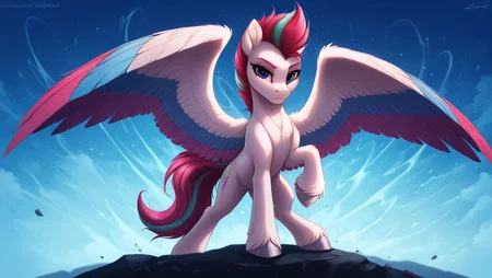 resolution, masterpiece, high resolution, (SOLO: 1.2), wild, detailed background,
<lora:Wholesome-MLP-v1.4b:0.7> <lora:Smooth Style 2 SDXL_LoRA_Pony Diffusion V6 XL:1>t,,solo plain background, , solo,, FIGHTING STANCE, , LOOK AT THE VIEWER, ABSTRACT BACKGROUND, <lora:zipp_storm:1> Zipp Storm pony, pegasus, white body, eyes, silver hooves, long wings with blue and purple feathers, purple mane with pink and turquoise strands combed back covered with gel, Her tail is the same color and medium length, blue eyes, pink eyebrows