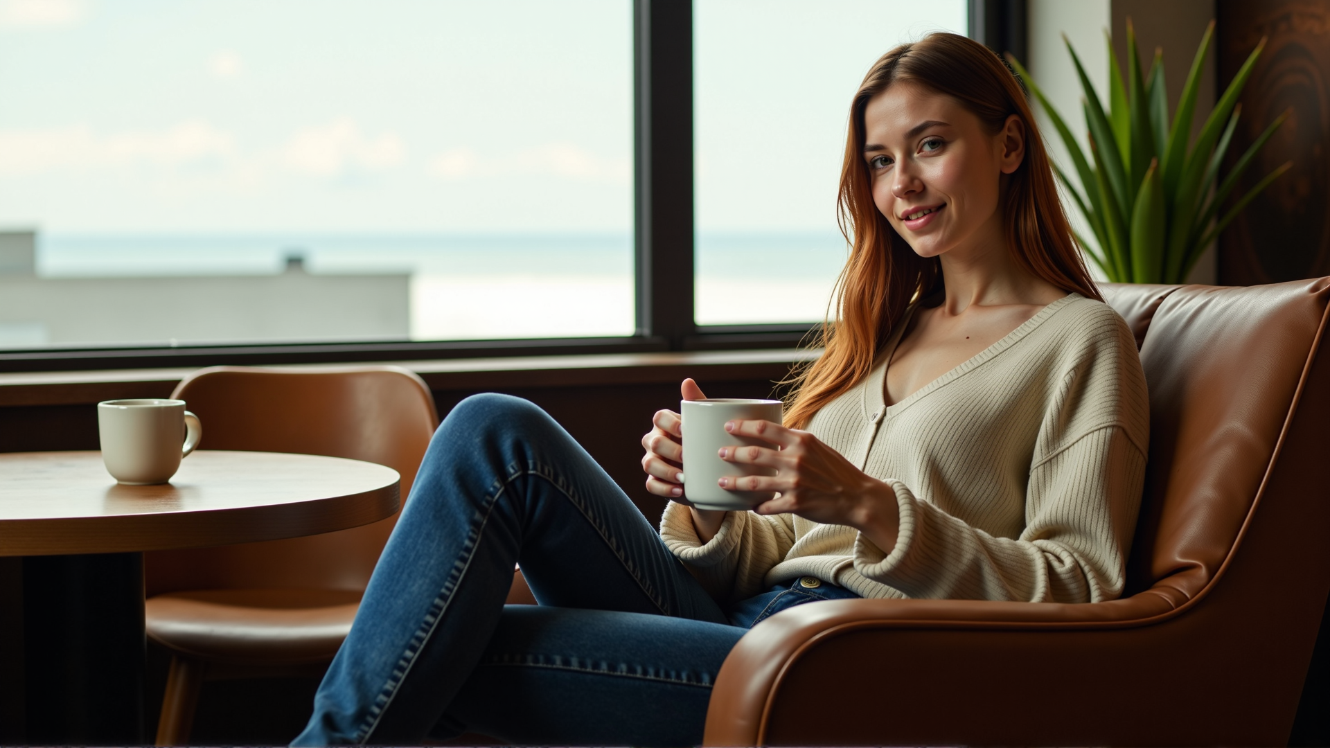 sci-fi style a slim elegant woman sitting in a cafe holding a large mug of coffee in her hands
she's looking at the viewer across a low table, she's sitting in a large comfy chair with her feet tucked up beside her
she's wearing jeans and a cropped woolen jumper with a low neckline and  long baggy sleeves
she looks very relaxed and happy, her eyes glitter,
she has a heavy lower lip and hollow cheeks,
her eyes are an intense green colour and her long flowing hair is a brilliant auburn colour
the viewer is sitting opposite her with a table between them . futuristic, technological, alien worlds, space themes, advanced civilizations, score_9, score_8_up, score_7_up, hyperdetailed, hyperrealistic,  best quality, (masterpiece:1.3),high-definition, intricate details, volumetric lighting, symmetrical face, level eyes,