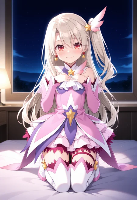 <lora:prisma_illya_zwei_form.v2:1>,illyasviel von einzbern,prisma illya,magical girl,hair ornament,red eyes,detached sleeves,star \(symbol\),earrings,jewelry,dress,one side up,skirt,pink sleeves,layered skirt,thighhighs,thigh boots,
looking at viewer,blush,smile,hands_on_own_chest,kneeling on bed,night,full body,
masterpiece,best quality,amazing quality,