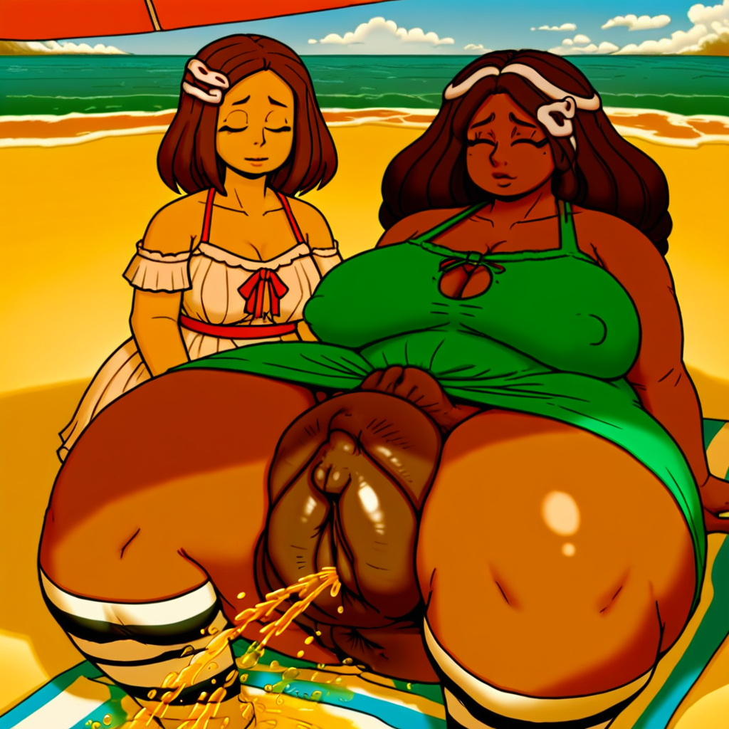 beach, huge anus, sitting, peeing, striped thighhighs, dark-skinned female, brown hair, futanari, dress, snake hair ornament, sand