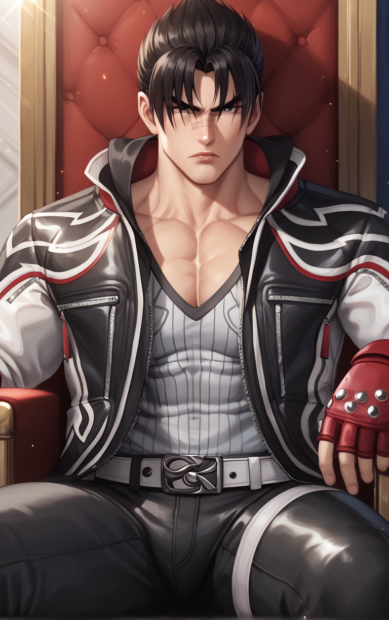 score_9, score_8_up, score_7_up, BREAK 
Jacket_JinKazama_ownwaifu, 
1boy, male focus, short hair, spiked hair, black hair, black jacket, black eyes, jacket, open clothes, open jacket, fingerless gloves, collarbone, bangs, grey shirt, red gloves, parted bangs, black pants, pectorals,  striped shirt, white shirt, white jacket, leather jacket, muscular male, high collar, scar, scar on face, hood down, muscular, hair over eyes, manly, thick eyebrows, belt, dougi, zipper, bara, hair between eyes, lips, long sleeves, serious, bandages, biker clothes, boxing gloves, collared jacket, multicolored jacket, pectoral cleavage, popped collar, 
(sitting on throne, sitting, throne), throne room, straight-on, curtains, light particles, bokeh, loaded interior, indoors, <lora:PONYXL_TEKKEN_JinKazama_ownwaifu:0.75>, solo,