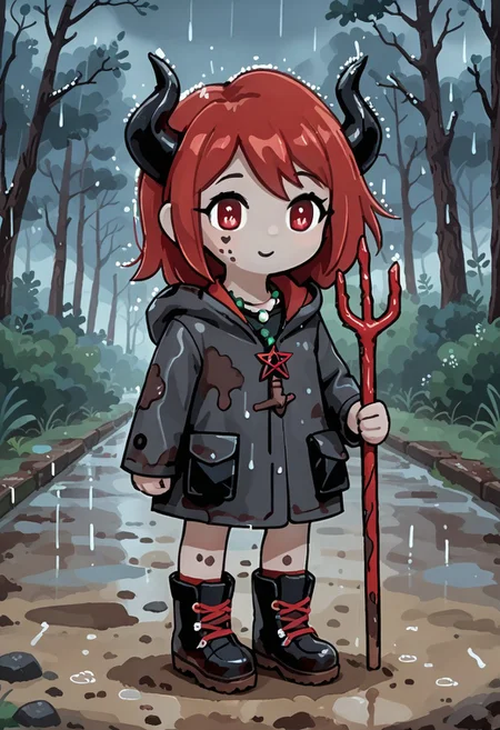 score_9, score_8_up, score_7_up, BREAK
highres, highly detailed, high resolution, high quality,
source_anime, anime screencap, saturation, vivid colors,
1girl, solo, luce, full body, standing, demon girl,
(dark red hair:1.2), (big dark red eyes:1.1), medium hair, cute, (grey skin:1.1), (horns:1.2),
(long black raincoat:1.1), dirty black rubber boots,
pentagram necklace, holding red trident,
cute, bokeh,
blurry background, forest background, path, rain,
stkyswt, outline