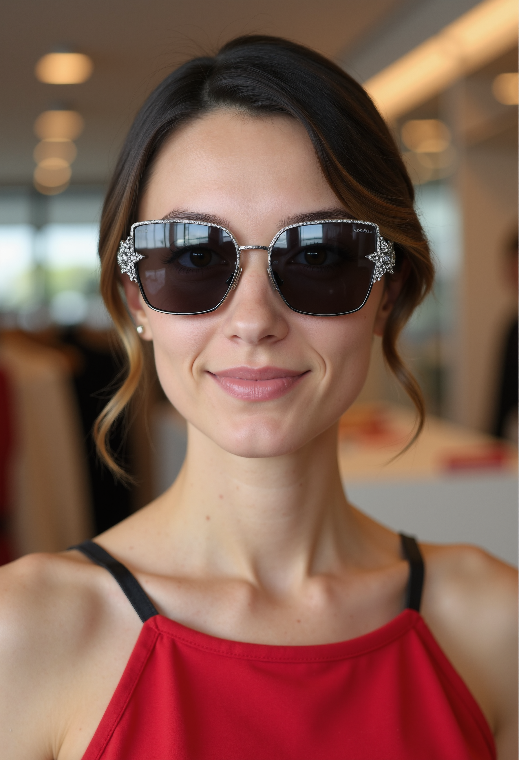clo035, beautiful young woman, wearing a Christian Dior sunglasses with a metal frame and black lenses. The sunglasses have a star-shaped design. red form fitting top, black belt. looking in the camera, smiling, in a fashion store, front view