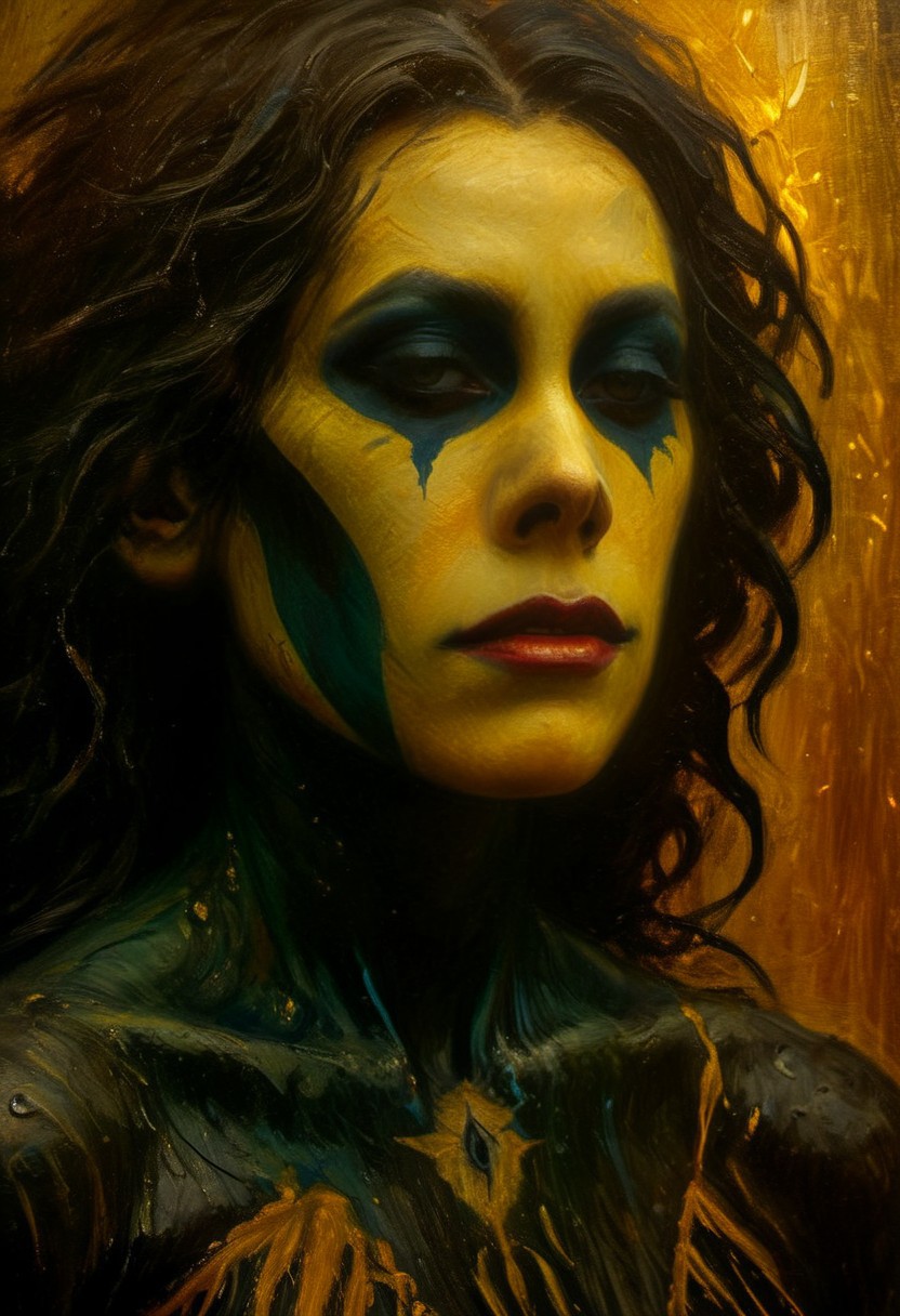 (((closeup painting))) of a female, crouched in an alley, harlequin makeup, tear streaked face, makeup running, brush strokes, impressionistic, (((dream the crow black dream))), horrifically captivating beauty, enticing the viewer closer, painted in style of clive barker, inspired with hellraiser like design, dark shot, shadows, dim light , dark light, red and black theme, cold city street, pouring rain, despair, revenge 
BREAK 
Dutch angle, unique perspective, dramatic lighting