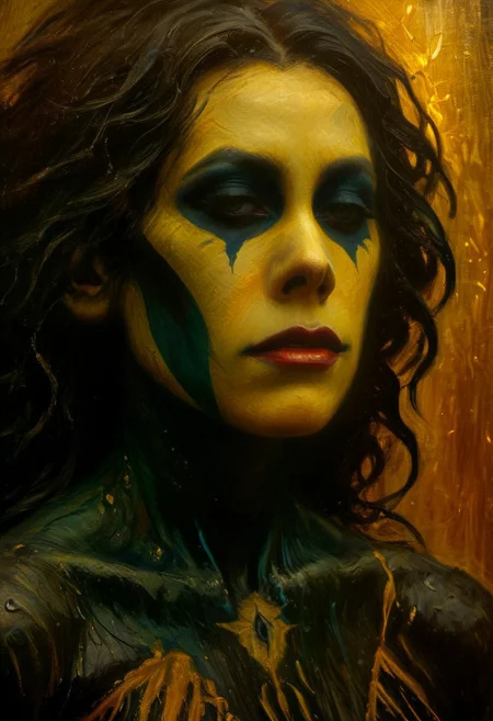 (((closeup painting))) of a female, crouched in an alley, harlequin makeup, tear streaked face, makeup running, brush strokes, impressionistic, (((dream the crow black dream))), horrifically captivating beauty, enticing the viewer closer, painted in style of clive barker, inspired with hellraiser like design, dark shot, shadows, dim light , dark light, red and black theme, cold city street, pouring rain, despair, revenge
BREAK
Dutch angle, unique perspective, dramatic lighting