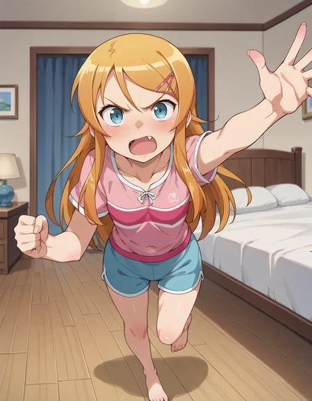 score_9, score_8_up, score_7_up, score_6_up, score_5_up, score_4_up, source_anime, anime screencap, BREAK 1girl, solo, angry, bedroom, shouting, fang, blush, outstretched hand, running, pov,
<lora:Kousaka_Kirino_Pony:1> kousaka_kirino, orange hair, long hair, blue eyes, hairclip, kirino_bed, pink shirt, stripe, blue shorts, dolphin shorts, barefoot,