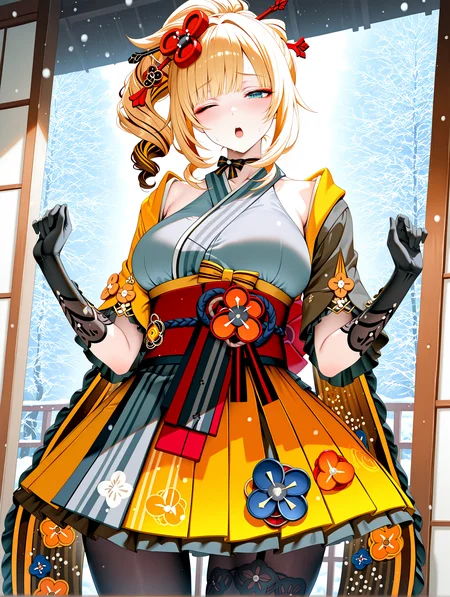 masterpiece, best quality, absurdres, amazing quality <lora:cfg_scale_boost:0.3> <lora:StS-Illustrious-Detail-Slider-v1.0:3> <lora:StS_Age_Slider_Illustrious_v1:3>,detailed_background,indoors,black gloves,japanese clothes,drill hair,hair stick,genshin impact,chiori \(genshin impact\) \(cosplay\),highres,standing,hair ornament,blue eyes,youkoso jitsuryoku shijou shugi no kyoushitsu e,blonde hair,ponytail,kimono,mmm29,looking at viewer,solo,open mouth,1girl,drill ponytail,grey kimono,chiori \(genshin impact\),cosplay,alternate costume,one eye closed,pantyhose,snowing,karuizawa kei,tree,black pantyhose,gloves,medium hair