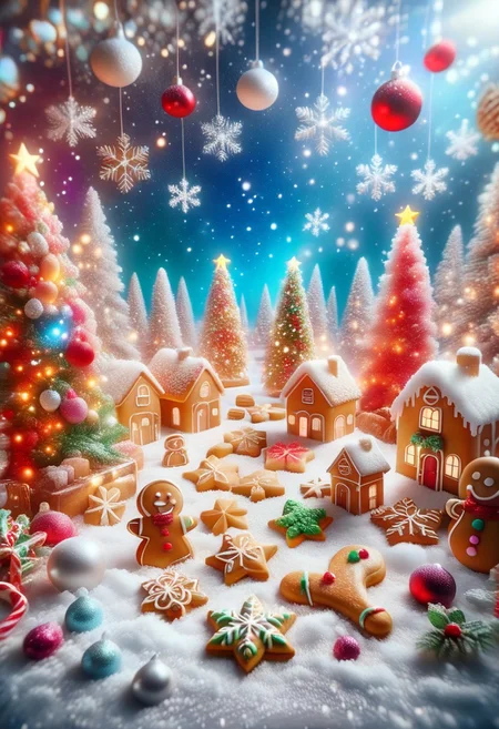 A small town made out of Christmas cookies. Snow made from powdered sugar. On a table.
perfection style, vivid colors, colorful, vivid background, holographic, midjourneyv6.1, ChristmasDecorativeStyle, ChristmasWintery