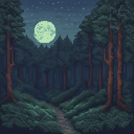 Pixel art of a woods landscape in the middle of the night, mistic, full moon, moonlight, (flat shading:1.2), (minimalist:1.4)