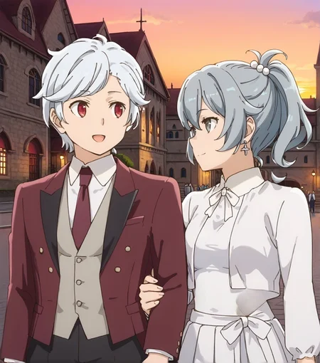 score_9,score_8_up,score_7_up,masterpiece, best quality, <lora:WHM 0.2v:0.5>, WHM, 2D,anime,
red eyes male and grey eyes female,
<lora:Locked_Arms:0.7>, locked arms, looking at another,upper body,
medieval town , fantasy,dungeon ni deai wo motomeru no wa machigatteiru darou ka style,
outdoors, street, church background,sunset,
BREAK
locked arms, looking at another,upper body,arm down,
outdoors, street, church background,sunset,
<lora:bell01:0.7>, bell01,
<lora:Bell_Cranel_r2:0.1> belcranel,
shirt, red eyes, white hair, red necktie, formal,black pants, red Tuxedo,open mouth, happy,
grey inner vest, suit,
BREAK
looking at another,upper body,
outdoors, street, church background,sunset,
<lora:DanMachi_SyrFlovaXL:0.7> short hair, short ponytail, grey hair, grey eyes, hair between eyes, hair bobbles, earrings, SyrDate, cropped jacket, white jacket, collared shirt, (white shirt), long sleeves, bow skirt, pleated skirt, white skirt, white bow , thigh gap, shoes, light smile,