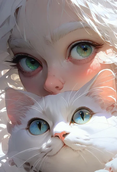 score_9, score_8_up, score_7_up, score_6_up, score_5_up, score_4_up, animalclose-up, girl and a cat, white cat, girl has white hair hair and green eyes, cat blue eyes,