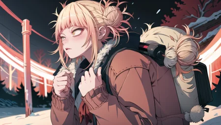 1girl, snowstorm,  dark forest, snow, snow falling, winter, night, dark, amazing background, blond hair, stands in the center, Best Shadows, Shallow Depth of Field, red winter jacket, backpack warmly dressed, without a hat, (perfect hands:1.2), night, dark, (Solo:1.3),  <lora:TogaHimikoLoRA:1>, (realistic:1.3), epic realistic, detailed, 4k,  <lora:Bloodstainai:0.8>