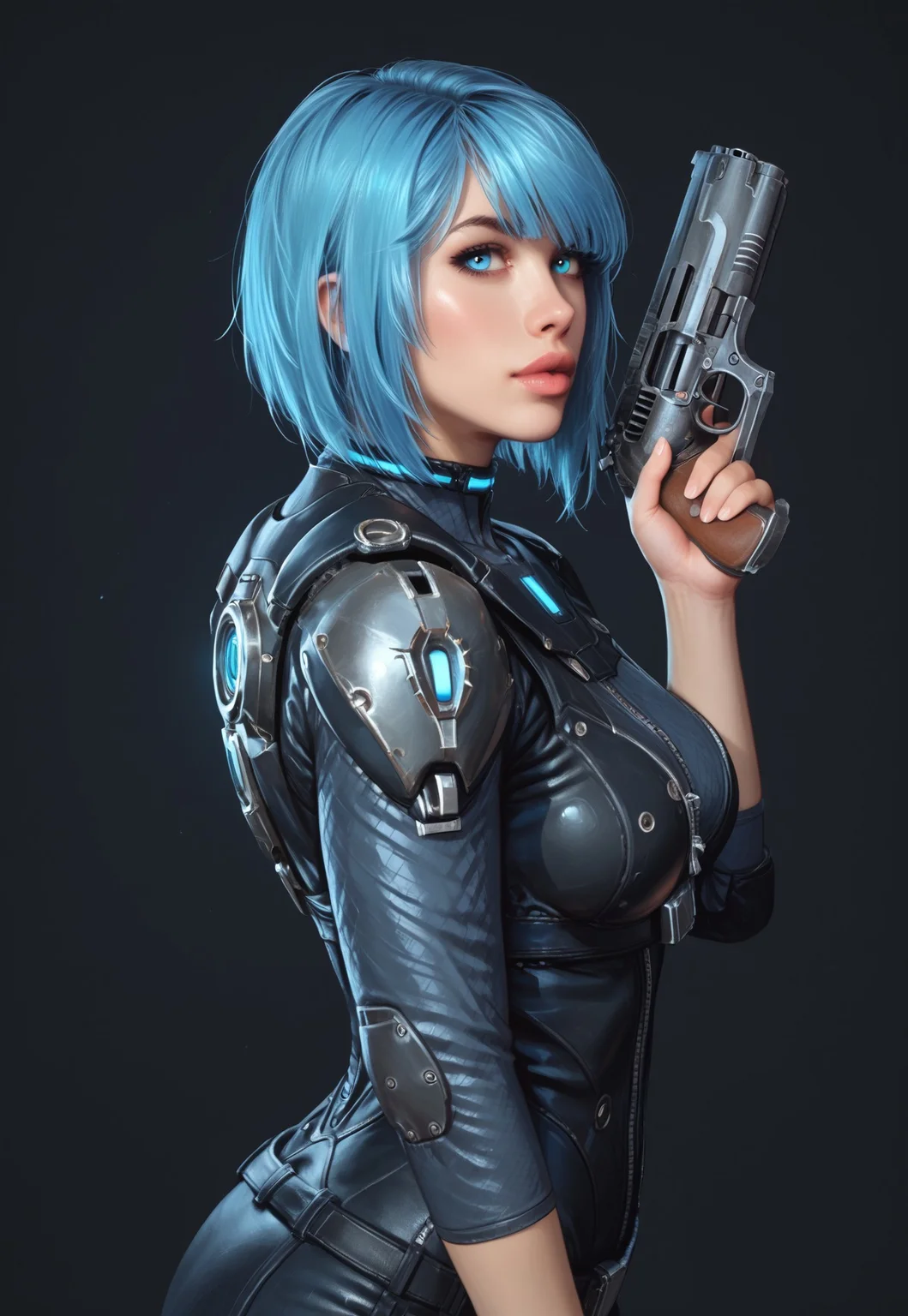 safe_pos, core_9, score_8_up, score_8, semi realistic, ultra detailed, 8k, high quality, hi res, high quality, detailed eyes, perfecteyes, detailed face, 1girl, (1girl:1.2), Nyx from Quake Champions, futuristic assassin outfit, (((pistol in hand))), pale skin, ((glowing bobcut blue hair, side bangs)), realistic, cinematic angle, cinematic lighting, athletic body, intense face, glowing blue eyes, stealthy pose
BREAK
infiltrating a high-tech corporate facility at night
BREAK
source_sci_fi_art, rating_explicit, expressive, half body, back view, dynamic pose
BREAK
detailed beautiful background, futuristic architecture, neon lights, advanced security systems, holographic displays, dark shadows, tense atmosphere
(((full clothed)))
