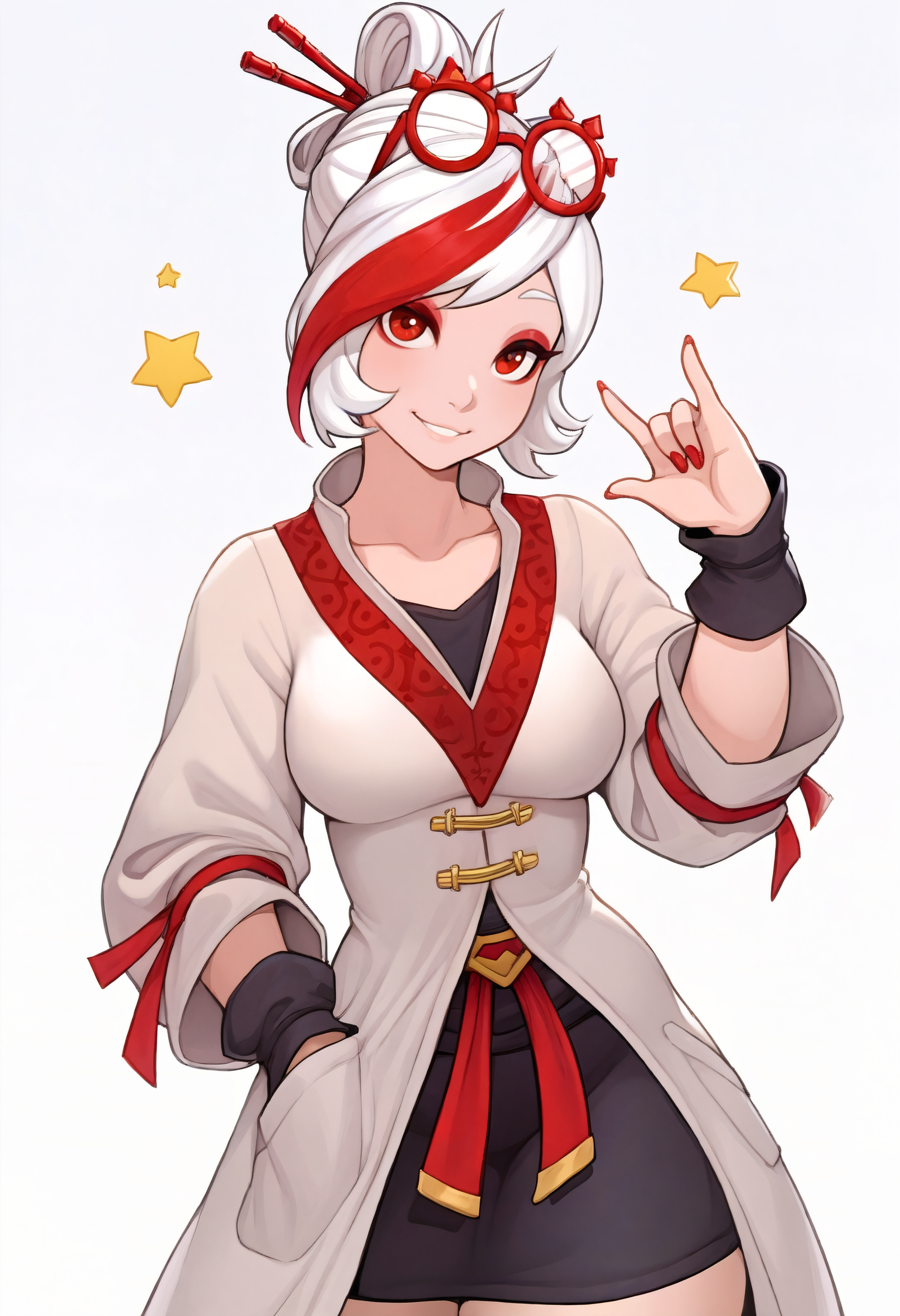 masterpiece, best quality, absurdres, 1girl,prhacn11, red-framed glasses, eyewear on head, red eyes, white hair, streaked hair, white coat, black shirt, black skirt, red trim, black cuffs, hair sticks,looking at viewer,\\m/,smile,red nails,hand in coat pocket,star \(symbol\)  <lora:prhac_n11:0.8> <lora:cheshirrr_n11:1>