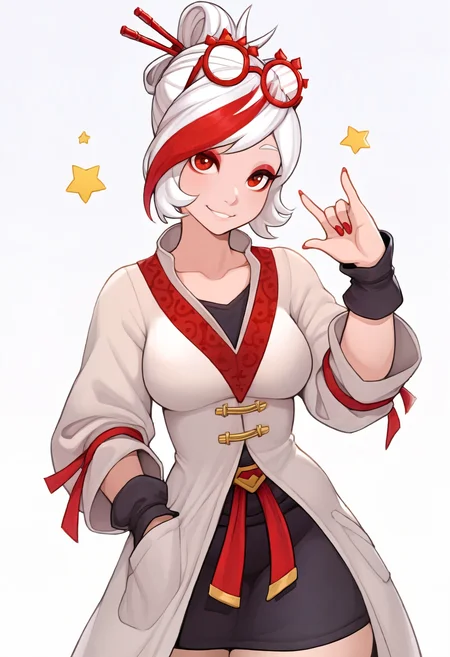 masterpiece, best quality, absurdres, 1girl,prhacn11, red-framed glasses, eyewear on head, red eyes, white hair, streaked hair, white coat, black shirt, black skirt, red trim, black cuffs, hair sticks,looking at viewer,\\m/,smile,red nails,hand in coat pocket,star \(symbol\) <lora:prhac_n11:0.8> <lora:cheshirrr_n11:1>