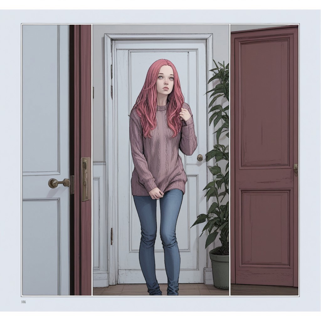 zPDXL3, karmen, comic, 1girl, pink hair, long hair, sweater, door, plant