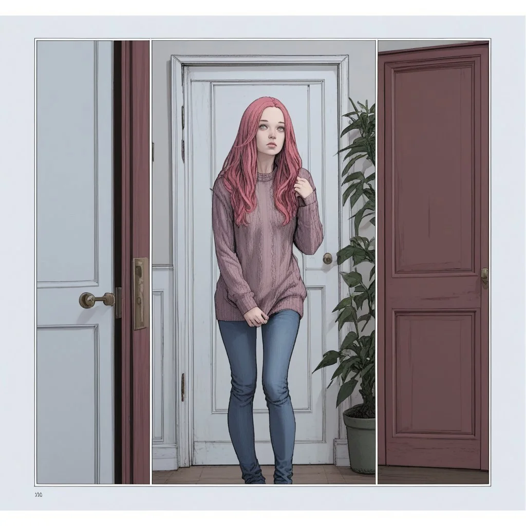 zPDXL3, karmen, comic, 1girl, pink hair, long hair, sweater, door, plant