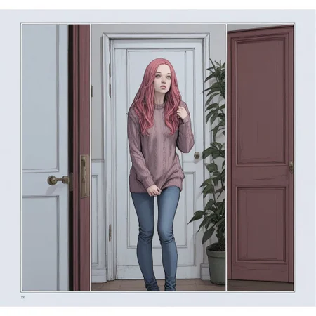 zPDXL3, karmen, comic, 1girl, pink hair, long hair, sweater, door, plant